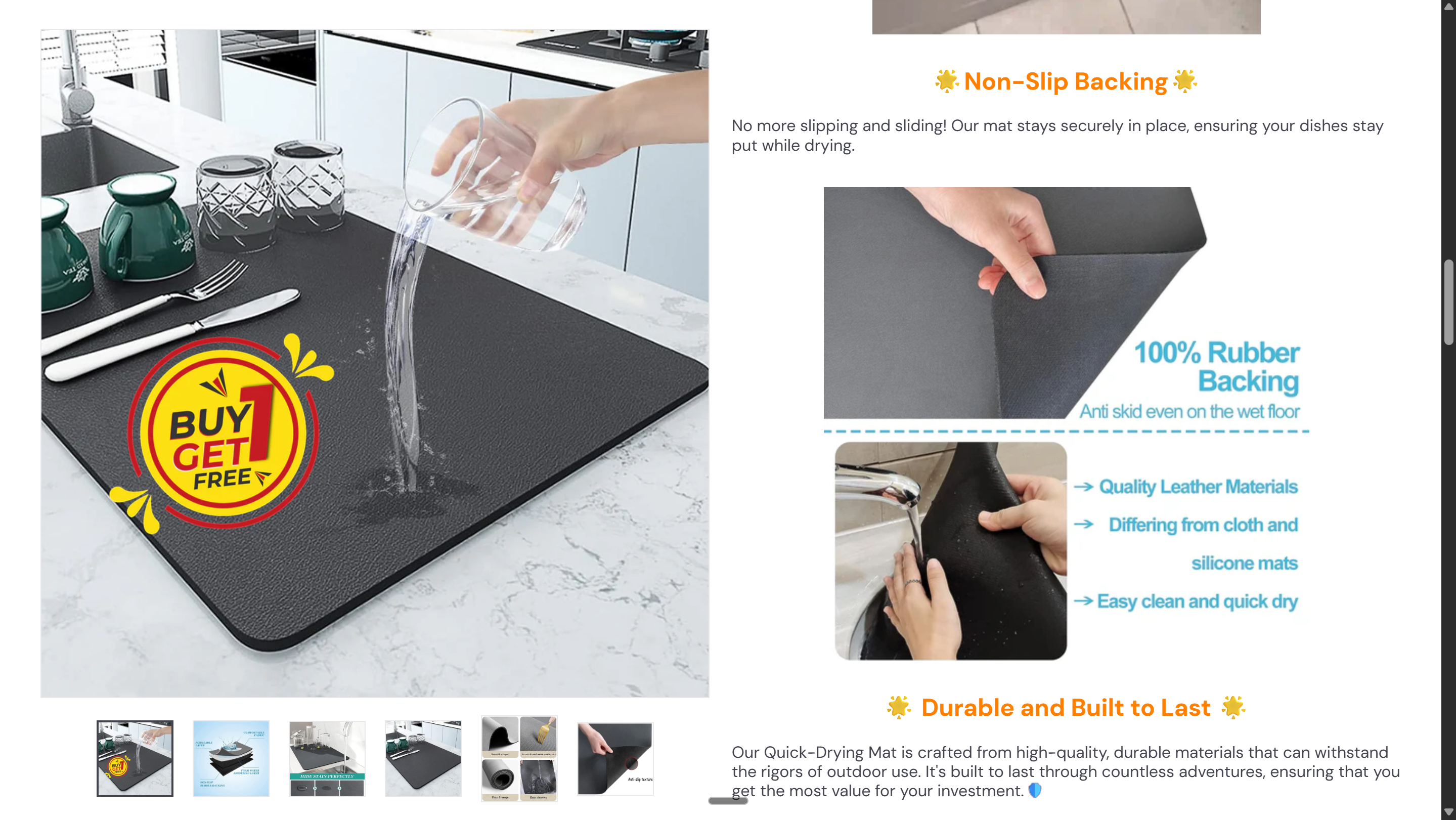 Product features — material details, backing, durability with images